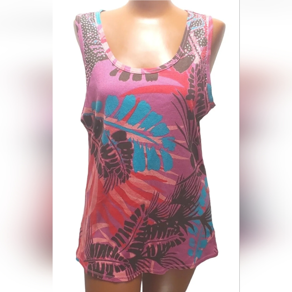 Fashion Bug Tropical Tank Top Sz XL  Studded Hawaiian Beachy Y2K Vintage NWOT